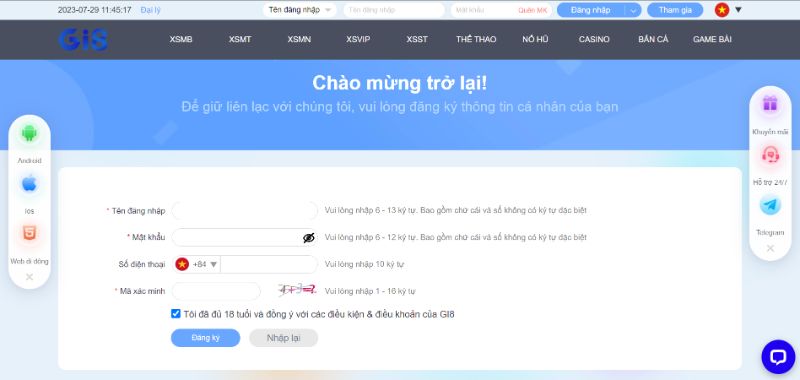 Điền thông tin cho việc mở nick Gi8